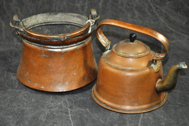 Persian Copper vessels, 2pcs: (1) Early spring handled brazier, 5 1/2" x 8 1/2", (1) tea pot with brass spout, H 6"