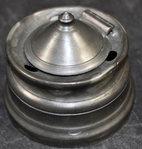 James Dixon & Sons English Pewter Ink Well: Stamped, Molded glass insert present, 2 1/2" x 3 1/2"