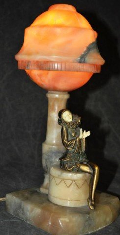 Art Deco Alabaster Figural Lamp: Spelter figure with celluloid hands and face, working condition, H 13"