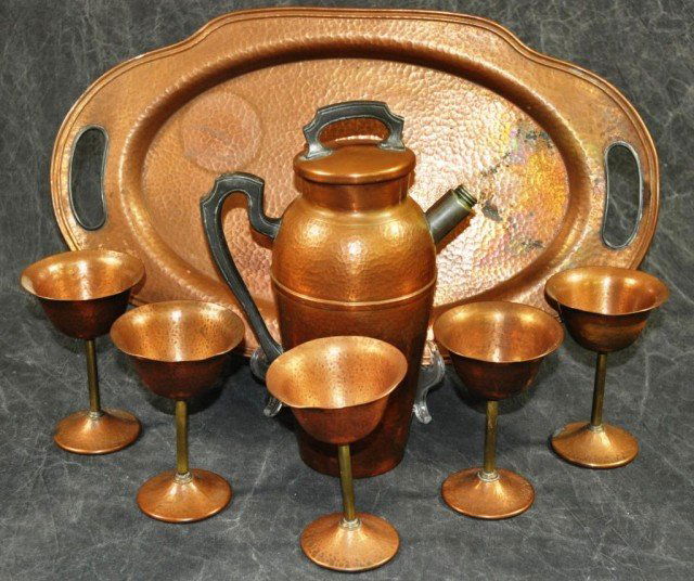 Art Deco Cocktail Set 7 Piece: Copper, by Empire Art Silver Co., (5) cups H 5", (1) Pitcher H 10", locking spout cap, (1) tray L 17 1/2" W 10 1/4"