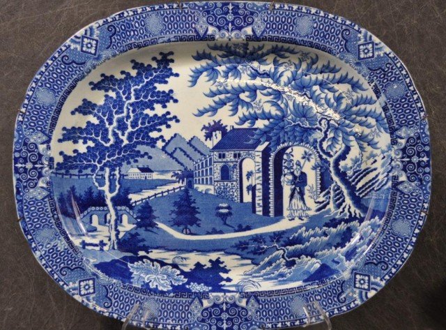 Blue & White Staffordshire Platter: 1st quarter 19th century, stamped "Turner", w/central scene of figure boating on palace lake, overall very good condition, very minor wear, no visible cracks or chips, L 21" W 15 1/2"