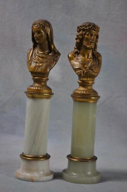 19th Century Sacred Bronzes Pair: Circa 1860 "Ecce Homo", "Mater Dolorosa", finely sculpted in full round with excellent proportions, mounted on alabaster columns set off with gilt brass caps