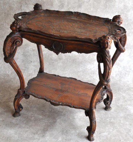 Walnut Tray Top Table: French influence, four figural legs, removable tray top, intricately carved, 30"x29"x19"