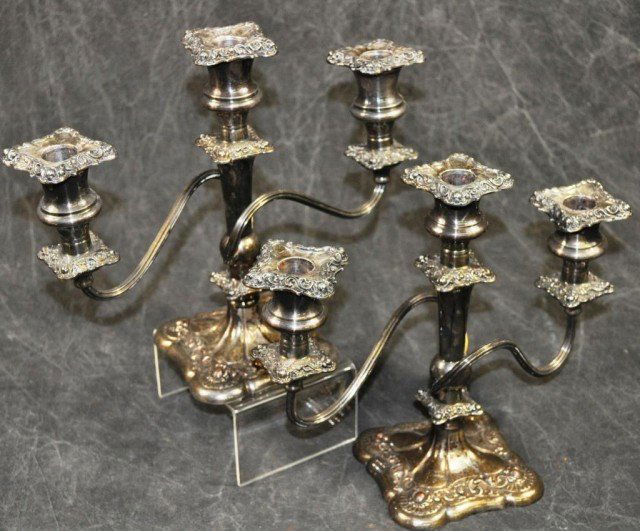 English Silver on Copper Candelabra Pair: 3 Light, Removable Bobeches, weighted base, H 9 1/2" W 11"