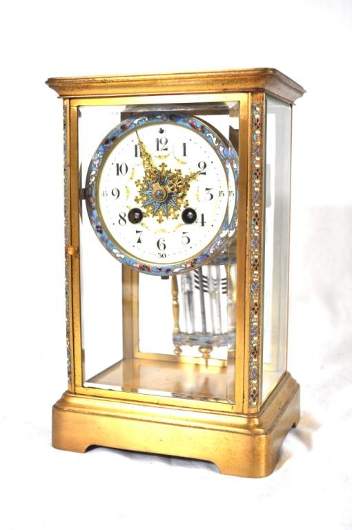 Japy Freres and Cie, 8-day Crystal Regulator Clock: C.1900, French, multi colored enamel trim on the case columns, dial center and bezel and pendulum as well. The hands are original. The beveled glass on the rear door is chipped at the bottom corner. T