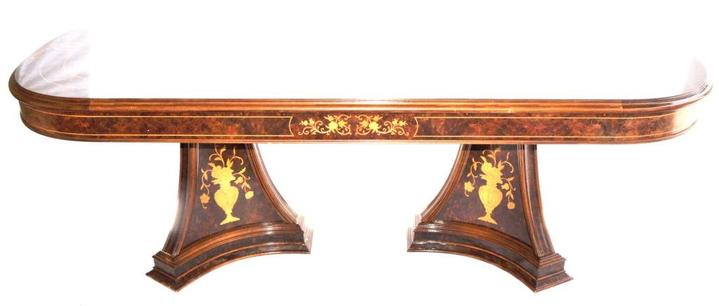 Spectacular Italian Marquetry Inlaid Table: Handcrafted burl walnut, double pedestal, rounded rectangular dinning table with various exotic wood inlaid floral designs and flowing rococo inspired arabesques overall, 20th century; Measurements: 3