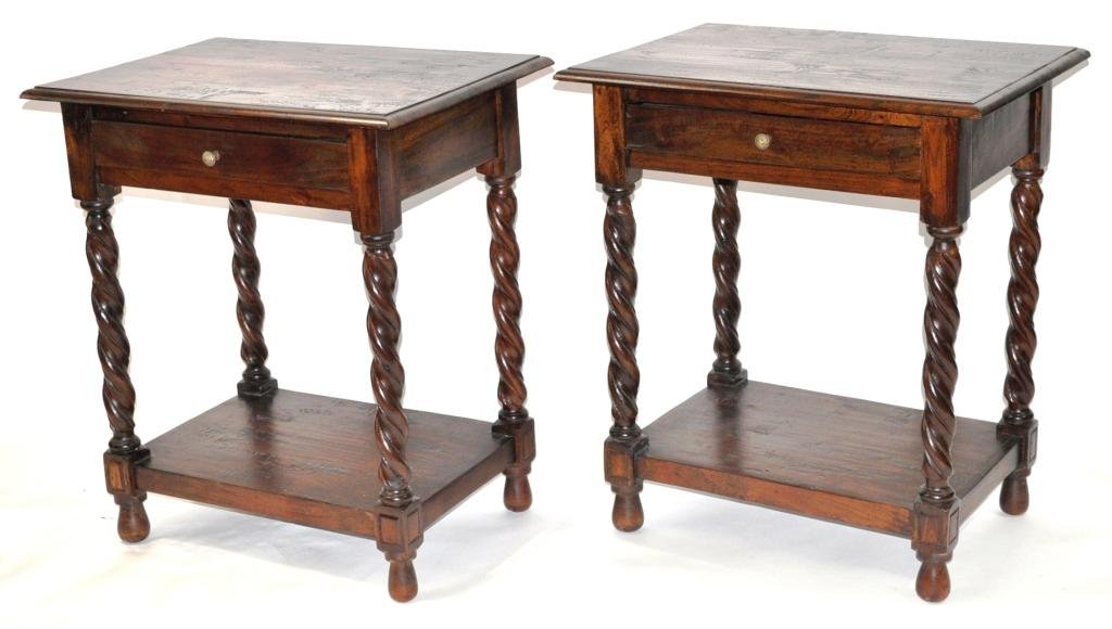 Country Sheraton Night Stands, Pair: Molded rectangular tops surmounting conforming aprons, each housing a single drawer, supported by barley-twist legs joined by a medial shelf and riding upon bun feet, faux antique patina, 20th century