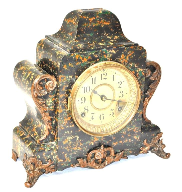 Seth Thomas Mantle Clock: Faux marble veneers, ormolu mounts, key and pendulum present, paper label on reverse; Measurements: 12" x 13" x 5"