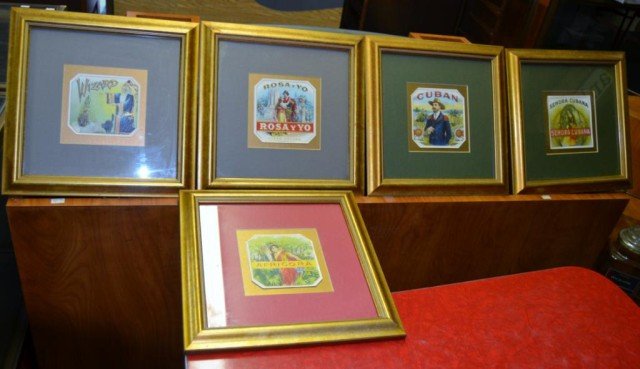 Framed Cigar Labels, 5 Pieces: Cuban", "Rosa Y Yo", "Wizard","Africora" and "Senora Cubana", Measurements: 12" x 12