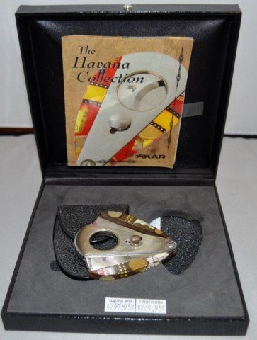Xicar Cigar Cutter: The Havana Collection" Limited Production Handcrafted Decoupage Art Handle With Storage Box and Stingray Leather Sheath With Certificate Of Authenticity, Measurements: 6 1/2" x 6 1/2" x 1 1/2
