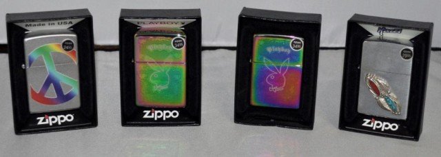 Zippo Lighters, 3 Pieces: (2) Playboy Bunny, (1) Peace Emblem, (1) Floral design, Measurements: 2 1/4" 2 1/2" x 1/2"