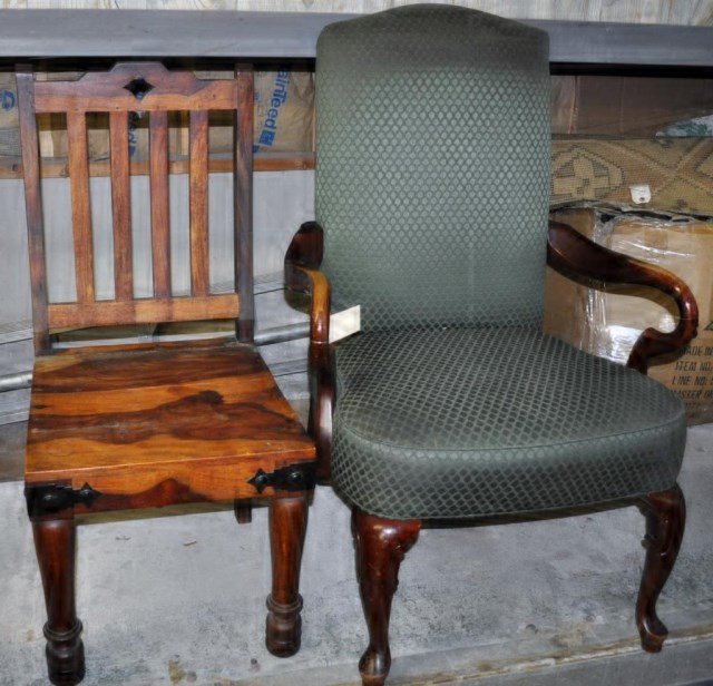 Chairs, 2 Pieces: (1) Green Upholstered Wingback, 42" x 30" x 29", (1) Wooden, 39 1/2" x 17 1/2" x 21"