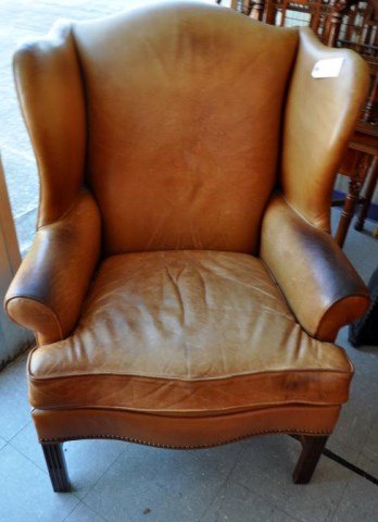 Leather Wing Back Chair: Worn Leather Upholstered Wing Back Chair, Measurements: 44" x 32 1/2" x 34"