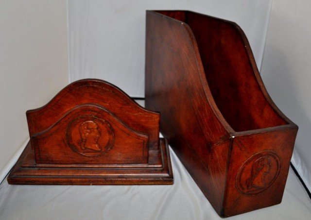 Magazine Racks, 2 Pieces: Leather Clad Magazine Racks, Featuring Bust Of George Washington and "Georgio Washington SVPREMO DVCI EXERCITVVM ADSERTORI LIBERTATIS", (1) 9 1/2" x 15 1/2" x 4" (1) 6 1/2" x 10 1/2" x 5"