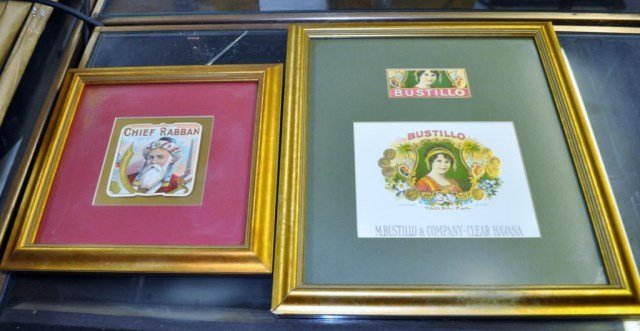 Decorative Wall Art, 4 Pieces: Framed Cigar Box Labels, (1) Red Cloud, (1) Bustillo, (1) Moro Light, (1) Chief Rabban, Measurements: (1) 17" x 15" (3) 12" x 12"