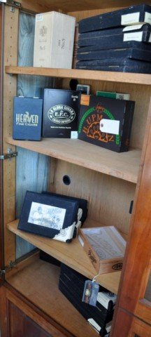 Cigar Box Collection, 17 Pieces: Various Sizes, Shapes and Brands, Measurements: "38" x 30" x 23" Table : 22" x 22 1/2" x 22 1/2"