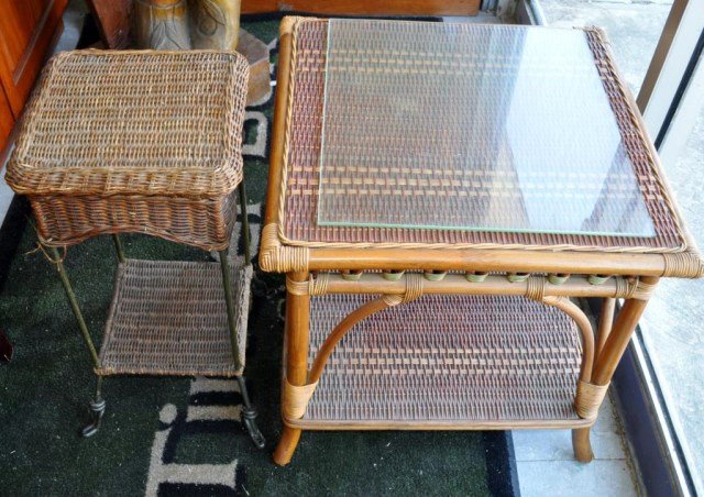 Tables, 2 Pieces: (1) End Table Rattan, 22" x 22" x 22", (1) Wicker Plant Stand, 24" x 12" x 12"