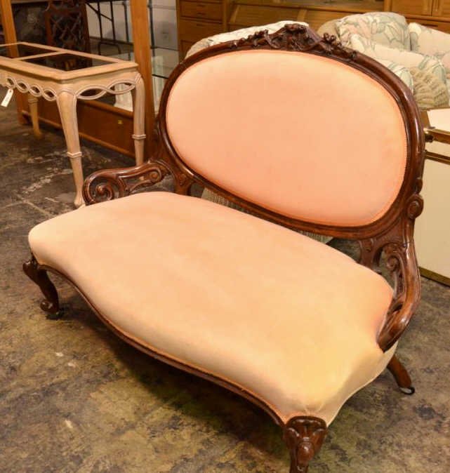 Victorian Rococo Settee: Mahogany, velvet upholstery, excellent condition, replaced casters, 37.5"x48"x23"