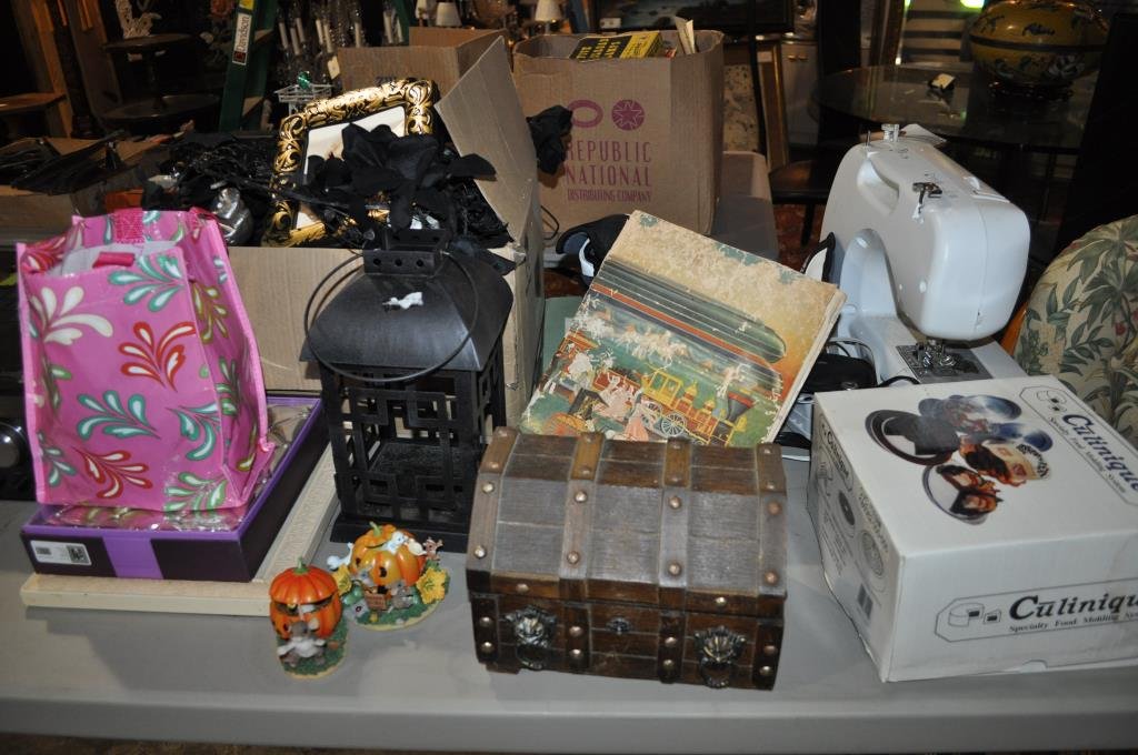 Domestic / Holiday & Decorative: Brother no. CE-5000PRW sewing machine, small easel back picture frames, Halloween decorations, decorative boxes, etc.