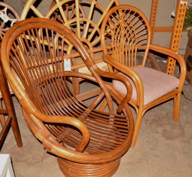 Two Rattan Furniture: (1) Swivel Lounge chair 40"x30"x32", (1) Open arm side chair 40"x25"x20", (1) Twin headboard