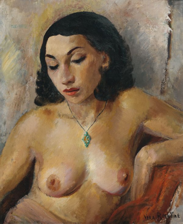 "Vera ROCKLINE (1896-1934) Nu au pendentif Huile: "Vera ROCKLINE (1896-1934) Nu au pendentif Huile sur toile, signée en bas à droite 61 x 50 cm - 24 x 19 2/3 in. Oil on canvas, signed lower right Provenance : Collection privée, France"