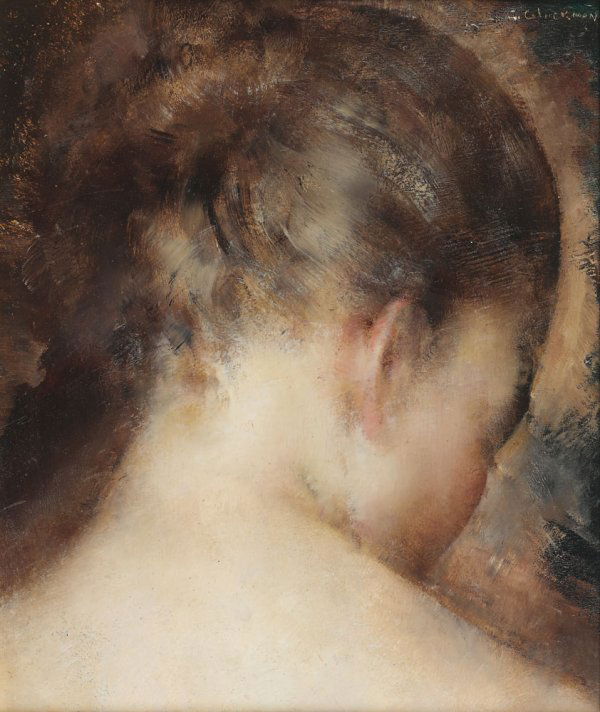 "Grigory GLUCKMANN (1898-1973) Le chignon Huile s: "Grigory GLUCKMANN (1898-1973) Le chignon Huile sur panneau, signée en haut à droite 29 x 24 cm - 11 3/8 x 9 1/2 in. Oil on panel, signed upper right "