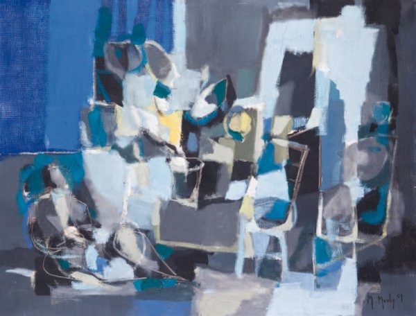 "Marcel MOULY (1918-2008) Composition en bleu et g: "Marcel MOULY (1918-2008) Composition en bleu et gris Huile sur toile, signée et datée 59 en bas à droite 50 x 64 cm - 19 3/4 x 25 1/8 in. Oil on canvas, signed and dated 59 lower right "