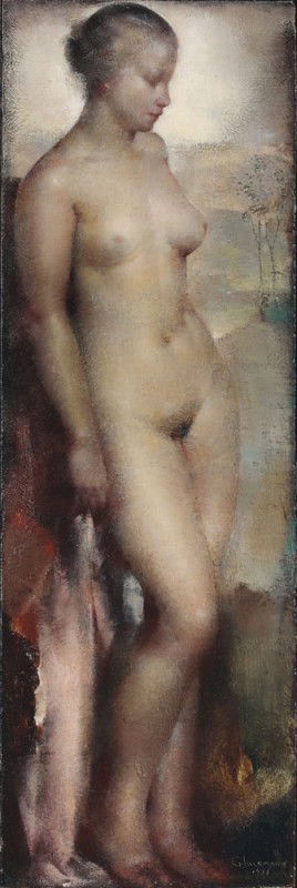 Grigory GLUCKMANN - Jeune femme nue dans un paysage: Grigory GLUCKMANN (1898-1973) Jeune femme nue dans un paysage, 1936 Huile sur panneau, signée et datée en bas à droite 33 x 12 cm - 13 x 43/4 in. Oil on panel, signed and dated lower right