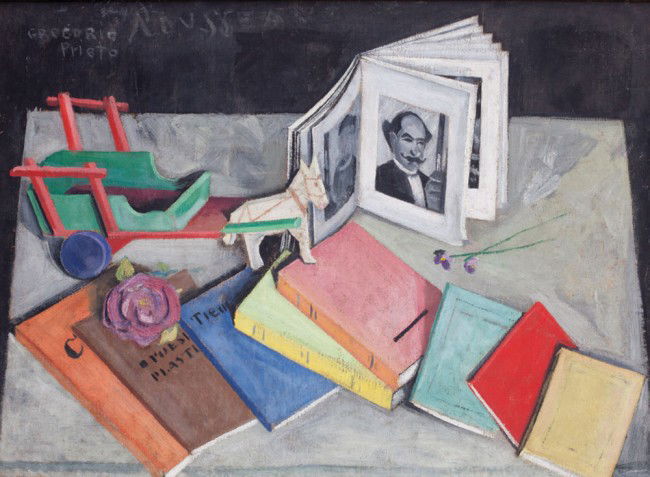 Gregorio PRIETO-Ecole Espagnole: Gregorio PRIETO (1897-1992) Ecole Espagnole Les livres Huile sur toile, signée en haut à gauche 54 x 74,5 cm - 211/4 x 291/4 in. Oil on canvas, signed upper left