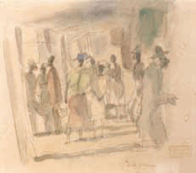 Jules PASCIN - Scène animée: Jules PASCIN (1885-1930) Scène animée Aquarelle et crayon, signé du cachet de l'artiste et marqué du cachet de l'atelier en bas à droite 10,5 x 12 cm à vue - 4 1/8 x 4 3/4 in. Watercolor and pen