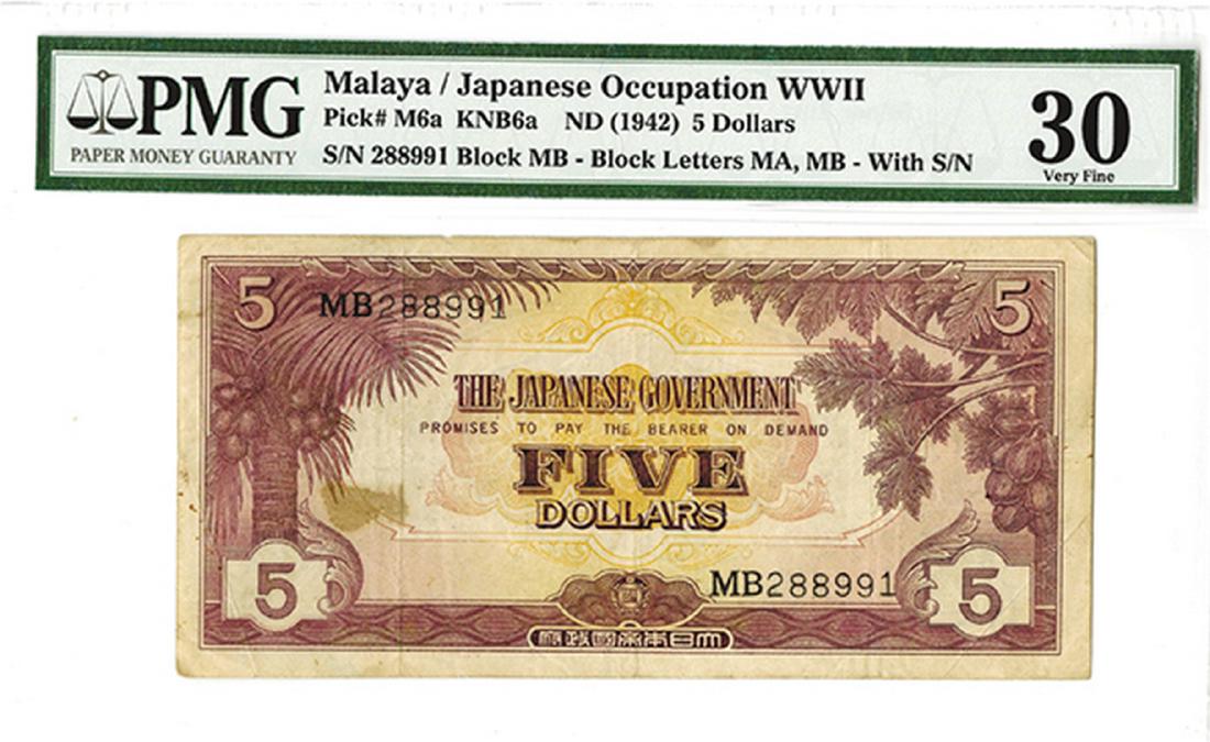 Malaya / Japanese Occupation WWII, ND (1942) Issued: Malaya. $5, M6a KNB6a, S/N 771640 - Block MB and S/N 288991, PMG graded Very Fine 30. Nice note.