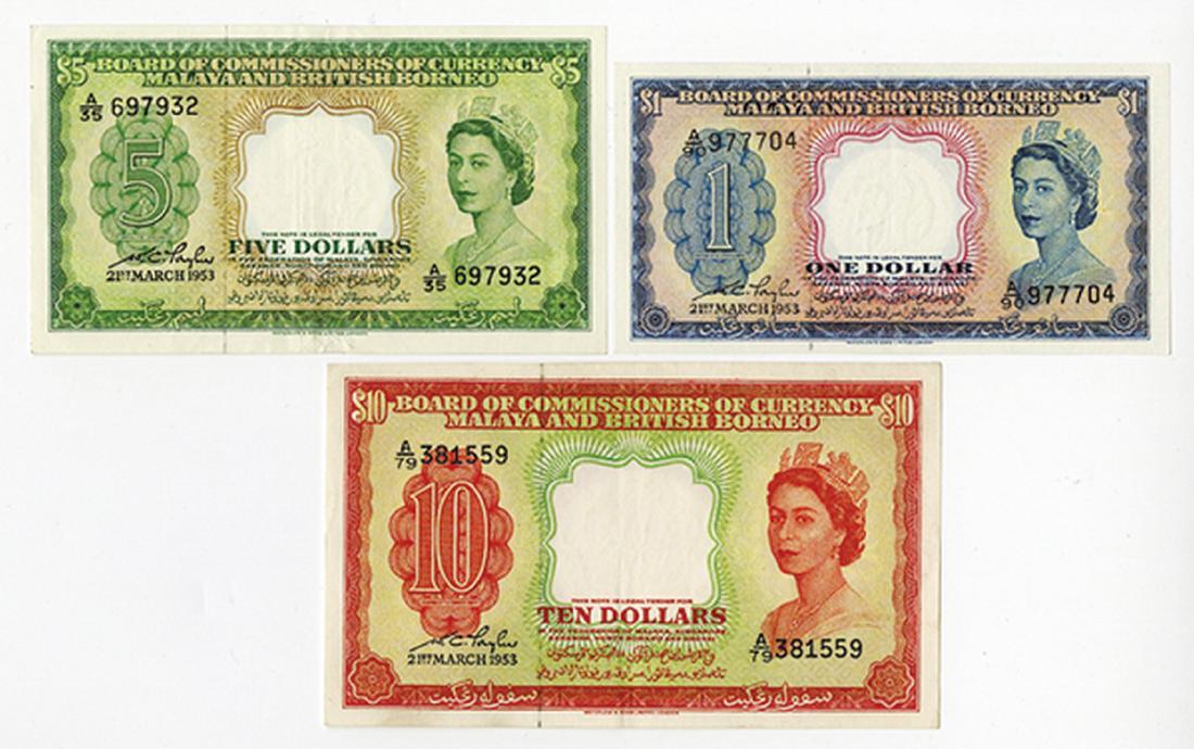 Board of Commissioners of Currency, Malaya and British: Lot of 3 notes, All are 1953 issues, Includes $1; $5 and $10, P-1a; 2; 3a; condition ranges from AU; VF/XF and XF, all with large borders and fresh appearance, attractive trio of notes. W&S.