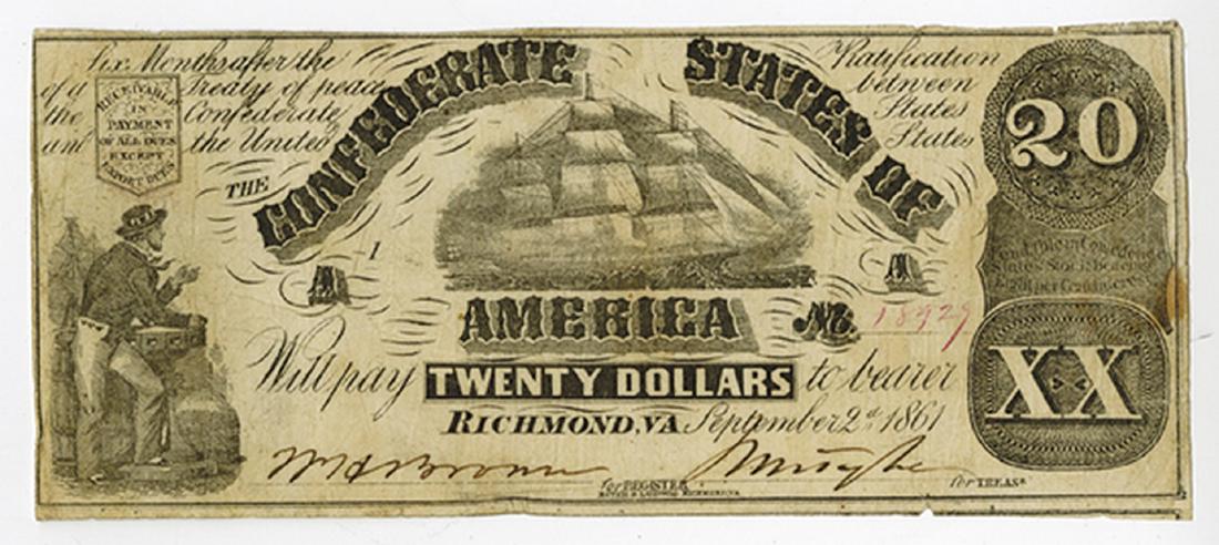 C.S.A. 1861 $20 T-18, CR-129, Issued banknote.: Richmond, VA... $20 Issued, Black with no underprint, Punch cancelled, Fine/VF with stain on right. S/N 18929, Plate A1.
