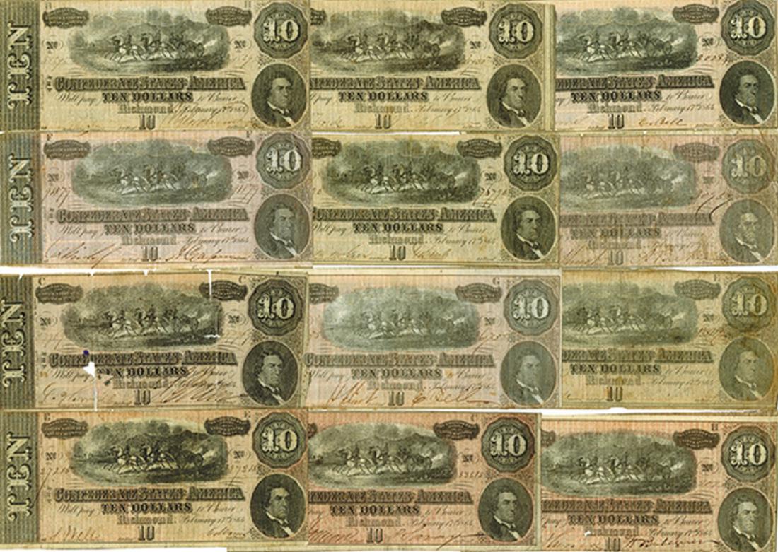 C.S.A. 1864, $10, Lot of 12 notes. (1 of 2)