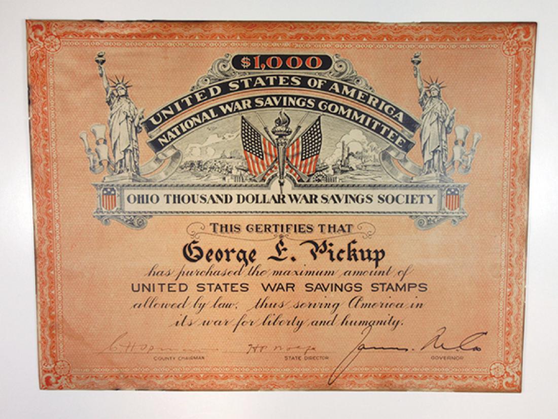 U.S. of America National War Savings Committee, Ohio: Ohio, ND, ca.1917-1919, Issued certificate signed by Ohio Governor, Black on orange undertint, statue of liberty flanks title, Governor James Middleton Cox (1870 – 1957) was the 46th and 48th Govern