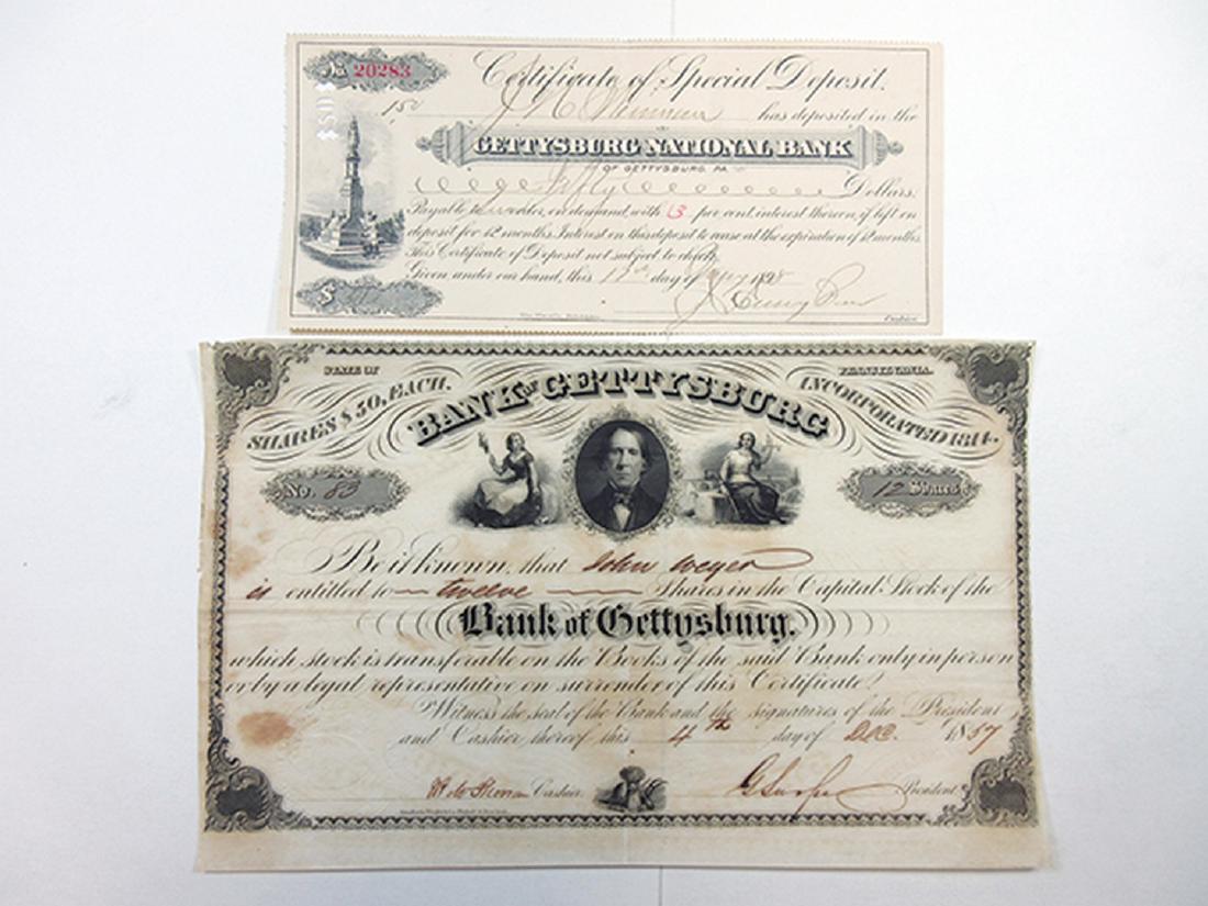 Gettysburg National Bank 1857 Stock Certificate and CD, (1 of 1)