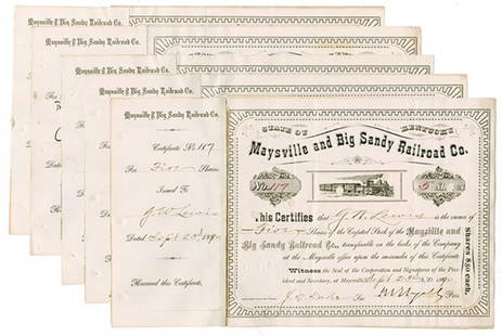 Maysville and Big Sandy Railroad Co., 1889-1900 Group: Kentucky. Lot of 5 Issued and Cancelled Capital Stock Certificates, Black print on black border, Company title at top with small drawing of locomotive under title, Fine-VF condition, Excelsior Printin