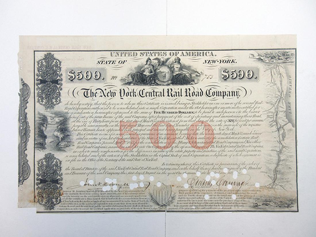 New York Central Rail Road Co., 1853 I/C Bond signed by: New York. $500 Issued and Cancelled 6% Sinking Fund Bond, Black print on black border with red under tint, Allegorical figures at top with a river scene to the left and a map of the railroad lines to 