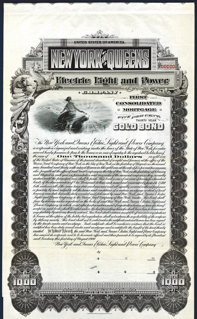 New York and Queens Electric Light and Power Co., 1900: New York, 1900, $1000, 1st Consolidated Mortgage 5% Gold Specimen Bond, Allegorical woman in the clouds above city with electrical poles/wires, POC's, VF-XF condition, IBNC.