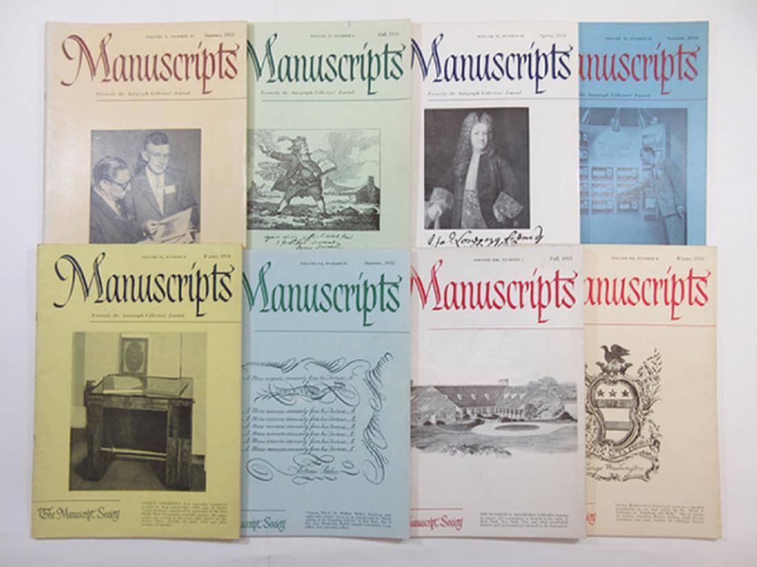Group of Manuscripts Catalogues ca.1953-1955: 8 Pieces. Manuscripts catalogue, formerly known as Autographs Collectors' Journal. From Fall 1953, Summer 1953, Spring 1954, Summer 1954, Winter 1954, Summer 1955, Fall 1955, and Winter 1955. All are