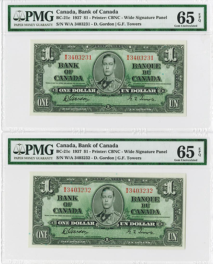 Bank of Canada, 1937 Issue High Grade Sequential (1 of 2)