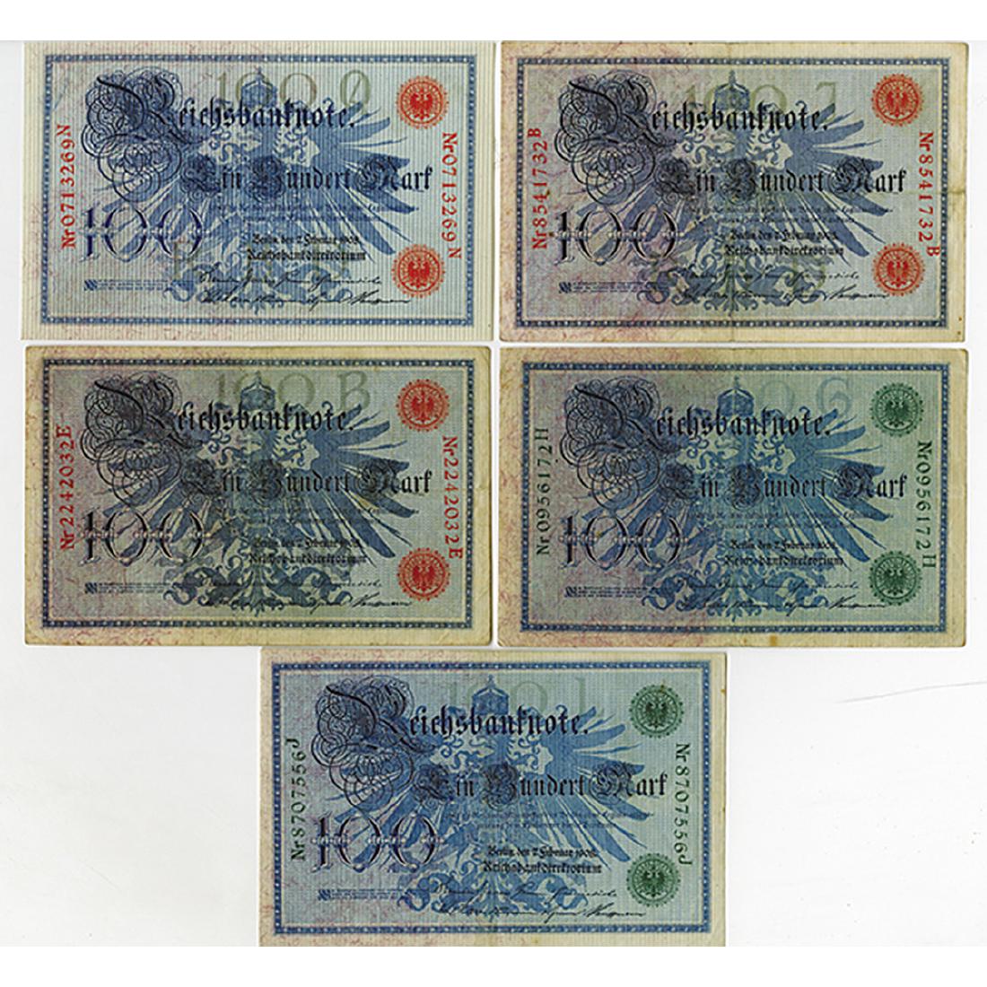 Reichsbanknote, 1908, Quintet of Issued Notes. (1 of 2)