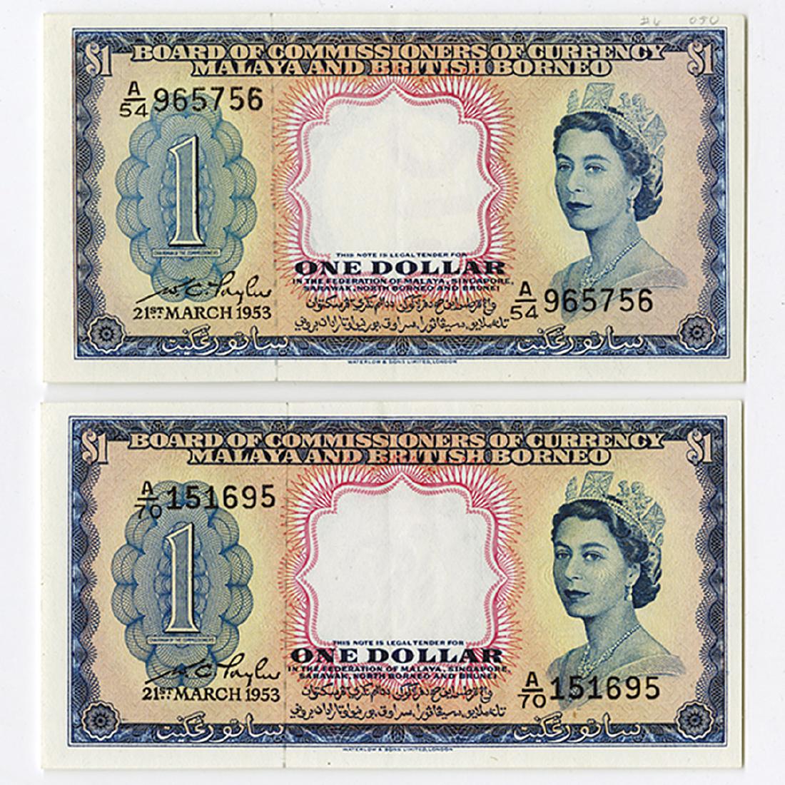Board of Commissioners of Currency, Malaya and British: Malaya and British Borneo... 1953, lot of 2 notes, Both are $1, P-1a, both Choice XF/AU condition, one with graffiti. Attractive Pair. W&S.