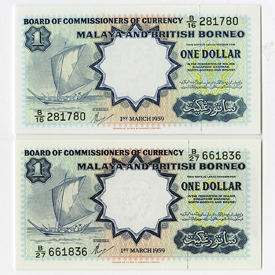 Board of Commissioners of Currency, Malaya and British: Malaya and British Borneo... 1959, lot of 2 notes, Both are $1, P-8A, both Choice XF/AU condition with graffiti. Attractive Pair. TDLR.