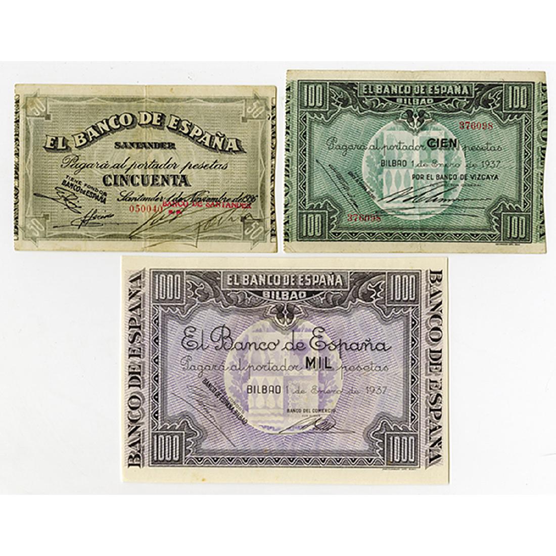 Banco de Espana - Bilbao & Santander. 1936-1937. Trio: Spain. Lot includes Santander issued 50 Pesetas, 1936, P-S584, VF; Bilbao issued 100 Pesetas, 1937, P-S565, Choice VF; and Bilbao issued 10 Pesetas, 1937, P-S567, Choice AU.