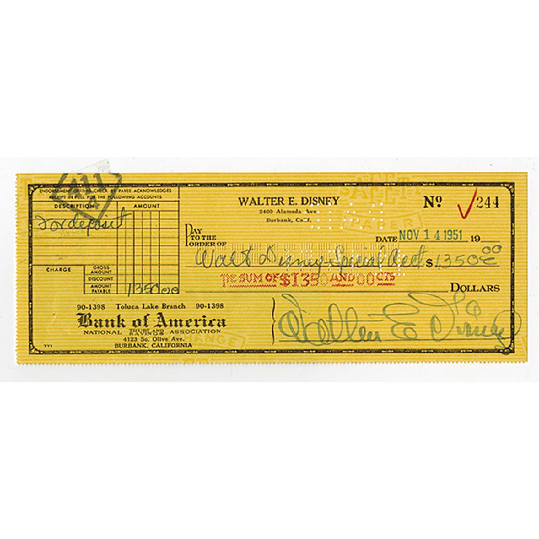 Walt Disney Signed Check dated 1951.: Burbank, CA. Nov. 14, 1951, Issued and cancelled check or draft made out to Walt Disney Special Account for $1,350 drawn on the Taluca Lake Branch of Bank of America and signed by Walter E. Disney. XF