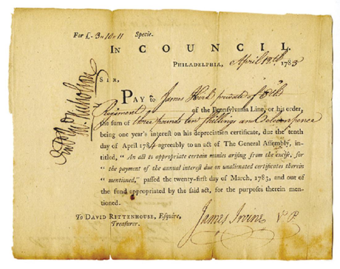In Council, Interest of Depreciation certificate 1783: Philadelphia, Pennsylvania. 1783, Interest of Depreciation certificate, 3 Pounds-10/- 11 pence. Signed by John Nicholson (Revolutionary War hero) & James Irvine (Revolutionary War General, Battle of B
