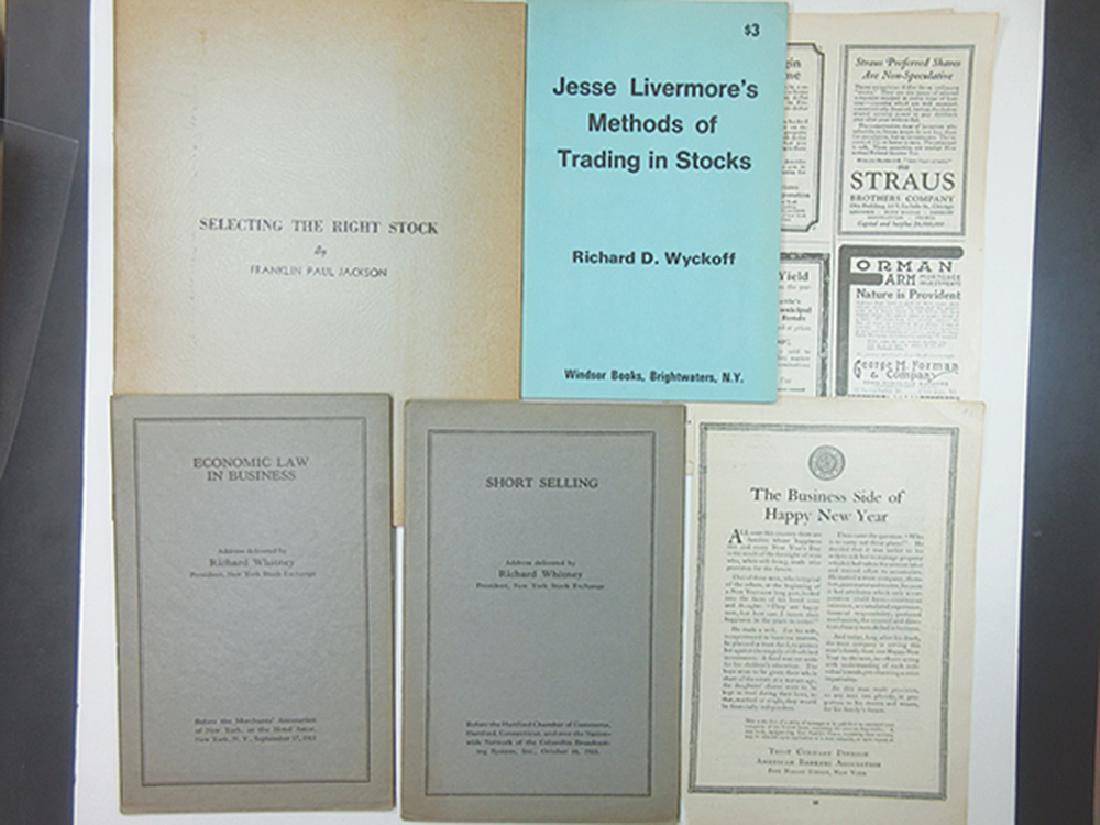 A Collection of Mostly 1920s and 1930s Stock Market: Lot of 5 booklets and pamphlets. Selecting the Right Stock by Paul Jackson; Jesse Livermore's Methods of Trading Stocks; Short Selling by Richard Whitney; the Business Side of Happy New Year by the Am