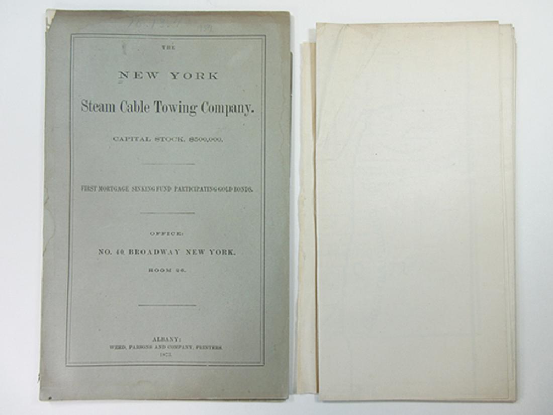 Steam Cable Towing Co. 1873 Bond offering.: NY. 1873, First Mortgage Sinking Fund Participation Gold Bonds. Office: 40 Wall. Weed, Parsons and Company, Printers. Large map of canal system. Original printed wrappers, light staining and wear. (Jo