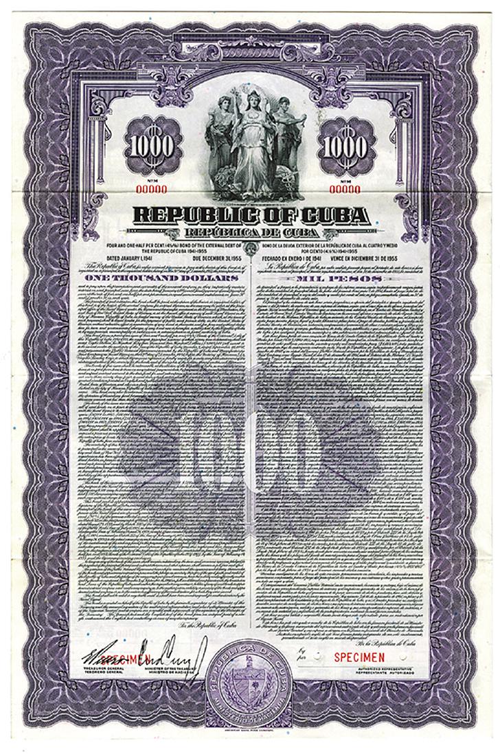 Republic of Cuba, 1941 Specimen Bond: Republic of Cuba. $1000 Specimen 4 1/2% External Debt of the Republic of Cuba Coupon Bond, Black print on purple border and under tint printed in Spanish and English, Allegorical figures together at t